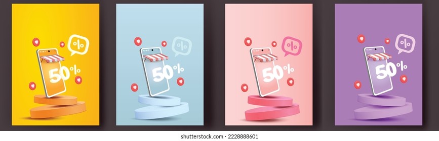 set podium stage percentage on phone  special sale off banner. Vector illustration even shop online  product