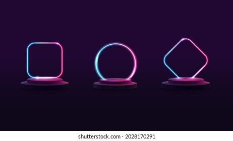Set podiums and gradient neon frames background for your arts
