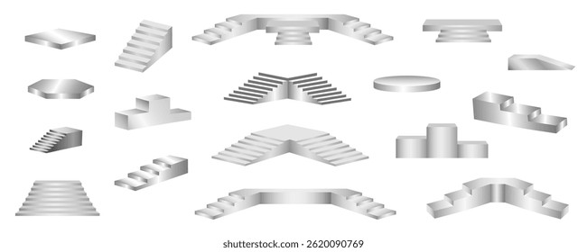 Set of podiums, pedestals, stage on transparent background. Stand for studio showroom, podium for product presentation, awards, stairs, vector png.