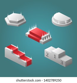 A set of podiums in perspective of different shapes and types. Podium with backlight and red carpet. Stage, podium, scene, pedestal or platform for award ceremony.