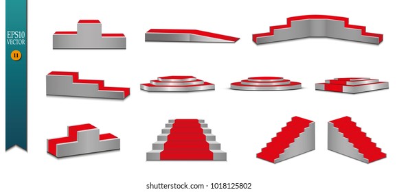 A set of podiums. Round podium, isolated on white background. 3d pedestal. Vector illustration. Podium with a red carpet.