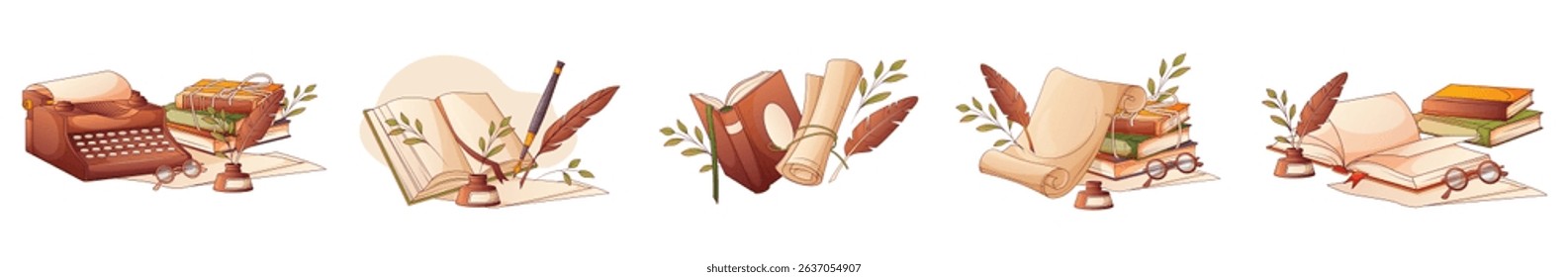 Set of poetry compositions. Vector illustration of quill, paper, ink, scroll, typewriter, books, glasses. Hand drawn elements for literary design and decoration. Book lover, literature concept. 