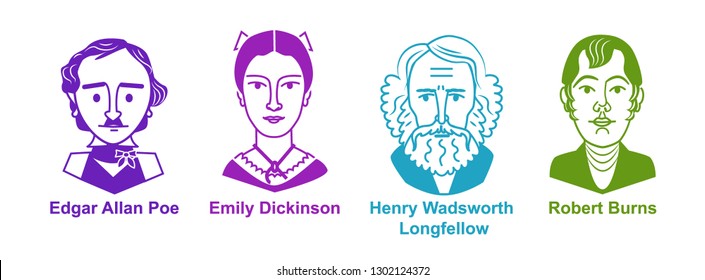 Set of poets icons. Vector cartoon portrets Edgar Allan Poe, Emily Dickinson,  Henry Wadsworth Longfellow, Robert Burns