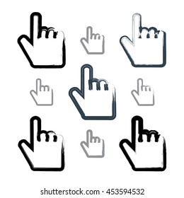 Set of point hand gestures created with real hand-drawn ink brush, scanned and vectorized. Collection of monochrome brush drawing touch screen simple vector icons.
