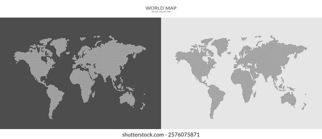 A set of point maps of the world in a modern style. A world map made up of dots. The digital dog of planet Earth, highlighted on a black background. Vector illustration.