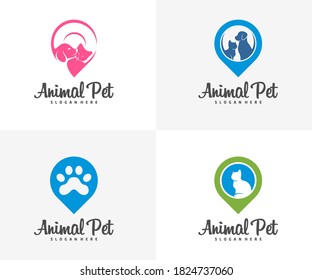 Set of Point Pet Logo dog cat design vector template. Animals Veterinary clinic Logotype concept outline icon.