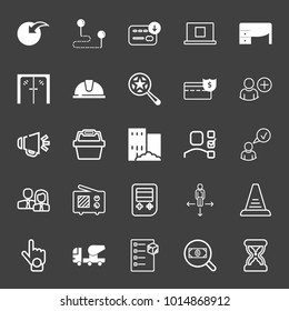 set of point, route, download, computer, work desk, door, helmet, starred search, loudspeaker, basket, building, checklist, man woman, television, concrete truck, stairs, search money vector icon