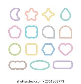A set of point sticker illustrations of various shapes and pastel colors. Digital stickers in the shape of squares, hexagons, circles.