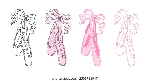 Set of pointe shoes with bow. Female ballet slippers for classic elegant dance. Vector Illustration