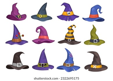 Set of pointed witch hats in different shapes and colors isolated on a white background. Pointed wizard hat collection in cartoon style for Halloween decorations. Magician headwear icons.