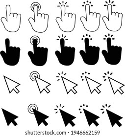 set of pointer cursor сomputer mouse icons on white background. hand and arrow touch click sign. pointer cursor сomputer mouse symbol. flat style.