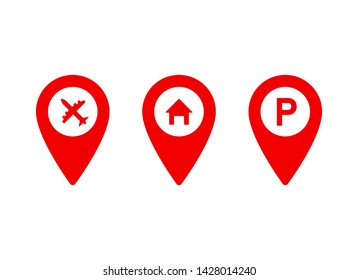 Set of pointer icons or pins for map. Sign of navigation or location isolated on white background. Airport house parking. EPS 10