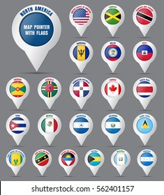 Set the pointer to the map with the flag of the countries of North America and their names. Vector illustration.