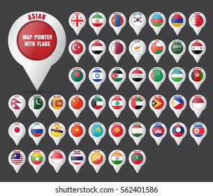 Set the pointer to the map with the flag of the countries of Asian and their names. Vector illustration.