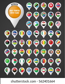 Set the pointer to the map with the flag of the countries of Africa and their names. Vector illustration.