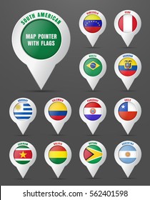 Set the pointer to the map with the flag of South American countries, and their names. Vector illustration.