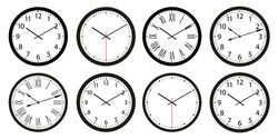 Set Of Pointer Wall Clocks With Black Frame And Hands. Flat Style Vector Illustration. Simple Classic Wall Clock With Arabic Numbers, With Roman Numerals And Without Numerals Isolated On White