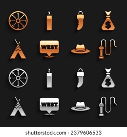 Set Pointer to wild west, Money bag, Leather whip, Western cowboy hat, Indian teepee or wigwam, Tooth, Old wooden wheel and Dynamite bomb icon. Vector