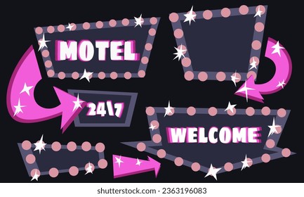 A set of pointers and arrows for the hotel on a dark background. Elements of a set for a street sign. Advertising space. Glowing elements to attract attention at night. Billboard. signboard with lamps