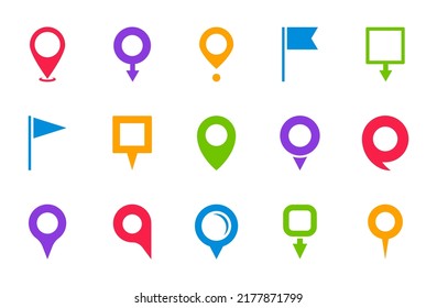 Set of pointers. Colored map markers. Map pins. Navigation and location icons. Vector illustration.