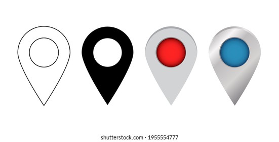 Set of pointers few types pins on map. Location marker or gps element isolated on white background.