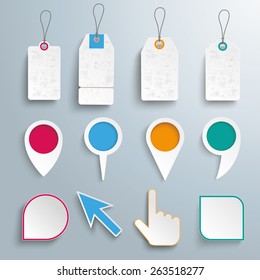 Set of pointers, markers and price stickers on the gray background. Eps 10 vector file.