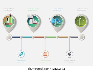 Set of pointers on time line. Green industry infographic timeline.