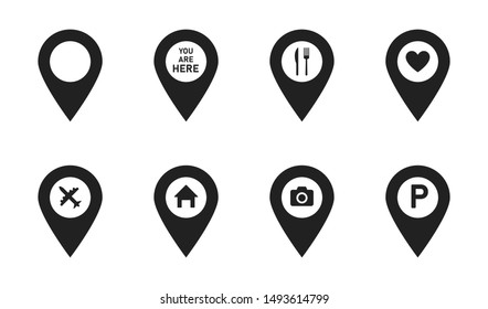 Set pointers parking food heart camera house airplane great design for any purposes. Location icon map pin pointer. Navigation pointer sign. EPS 10