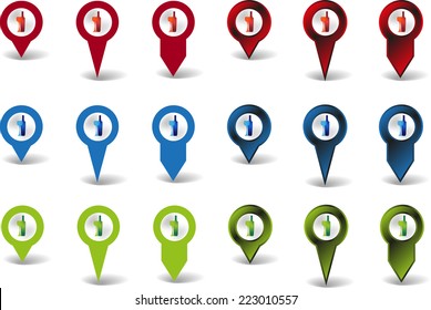 Set of pointers in three colors with symbols of restaurants and drinks. The mark is in shape of bottle and glass.