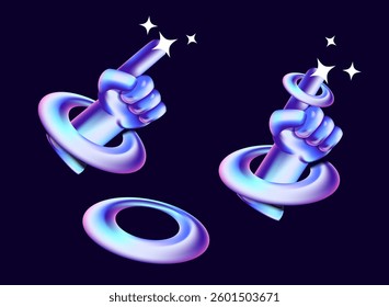 set of pointing hand gesture with circle shape modern light 3d hologram holo futuristic icon design