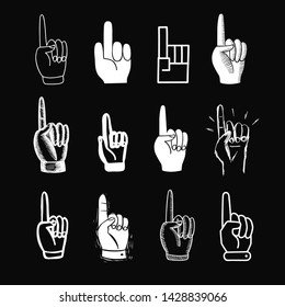 Set of pointing hands showing direction on a black background. Hand drawn different style vector cartoon illustration for your design.