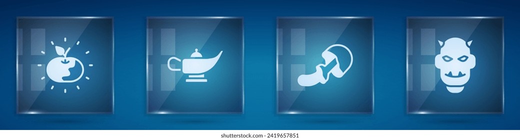 Set Poison apple, Magic lamp or Aladdin, Psilocybin mushroom and Mask of the devil with horns. Square glass panels. Vector