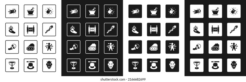 Set Poison apple, Magic scroll, Hand holding fire, Fireball, staff, Mortar pestle, Voodoo doll and Psilocybin mushroom icon. Vector