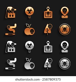 Set Poison apple, Radioactive in location, Bones and skull, flower, Cigarette, Bottle with potion, Smoke from factory and Biohazard symbol icon. Vector