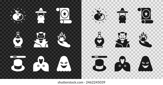 Set Poison apple, Wizard warlock, Magic scroll, hat and wand, Mantle, cloak, cape, Ghost, Bottle with love potion and Vampire icon. Vector