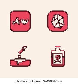 Set Poison in bottle, Broken flask, Salt stone and Petri dish with pipette icon. Vector