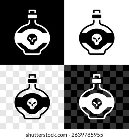 Set Poison in bottle icon isolated on black and white, transparent background. Bottle of poison or poisonous chemical toxin.  Vector