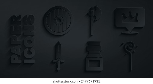 Set Poison in bottle, Location king crown, Medieval sword, Magic staff, axe and Round wooden shield icon. Vector