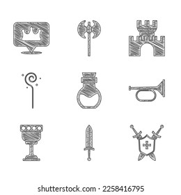Set Poison in bottle, Medieval sword, shield with swords, Trumpet, goblet, Magic staff, Castle, fortress and Location king crown icon. Vector