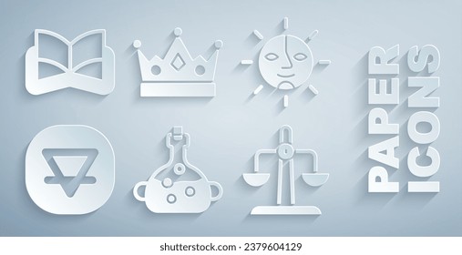 Set Poison in bottle, Sun, Earth element, Libra zodiac, King crown and Ancient magic book icon. Vector