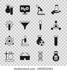 Set Poison in bottle, Test tube and flask, Molecule, Microscope, Funnel or filter, Chemical explosion,  and Pipette icon. Vector