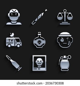 Set Poison in bottle, Wanted poster, Hand grenade, Bandit, Bullet, TV News car, Scales of justice and Thief mask icon. Vector