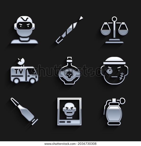 Set Poison in bottle, Wanted poster, Hand grenade,
Bandit, Bullet, TV News car, Scales of justice and Thief mask icon.
Vector