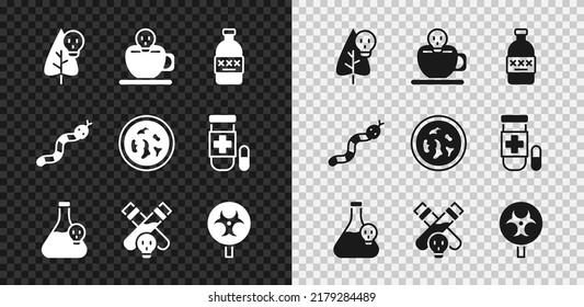Set Poison flower, Coffee cup with skull, Poisoned alcohol, Beaker toxic liquid, Bottle potion, Biohazard symbol, Snake and Petri dish bacteria icon. Vector