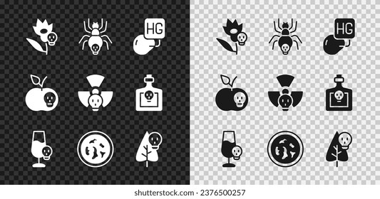 Set Poison flower, Poisonous spider, Drop of mercury, Poisoned alcohol, Petri dish with bacteria, apple and Radioactive icon. Vector