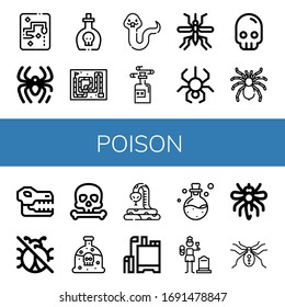 Set of poison icons. Such as Snake, Spider, Poison, Mosquito, Skull, Tarantula, No insects, Pesticide, Widow , poison icons