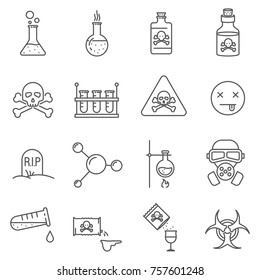 Set Of Poison Related Vector Line Icons. Includes Such Icons As Toxins, Poisoning, Substance, Chemistry And  Etc.