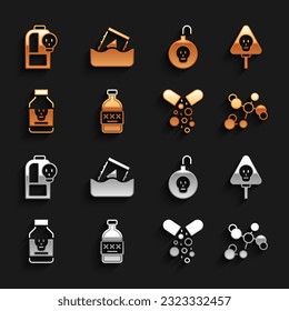 Ponga alcohol envenenado, huesos y cráneo, fórmula química, píldora, bomba nuclear, Beaker con líquido tóxico y desperdicios radiactivos en icono de barril. Vector