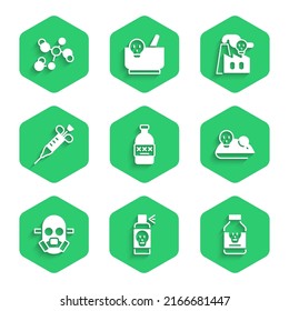 Set Poisoned alcohol, Spray against insects, pill, Experimental mouse, Gas mask, Syringe, Smoke from factory and Chemical formula icon. Vector