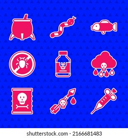Set Poisoned pill, the arrow, Syringe, Acid rain, Radioactive waste barrel, Stop colorado beetle, Puffer fish and Witch cauldron icon. Vector